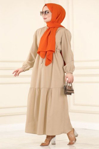 moda selvim Beli Tünelli Terikoton Elbise 3055AKT473 Vizyon - Thumbnail