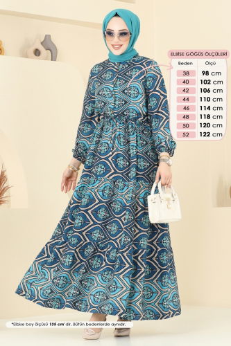 moda selvim Beli Tünelli Tesettür Elbise 1137BG354 İndigo - Thumbnail
