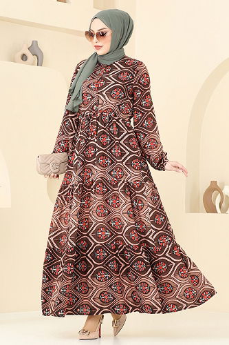 moda selvim Beli Tünelli Tesettür Elbise 1137BG354 Kahve - Thumbnail