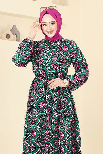 moda selvim Beli Tünelli Tesettür Elbise 1137BG354 Petrol - Thumbnail