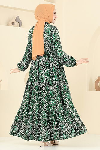 moda selvim Beli Tünelli Tesettür Elbise 1137BG354 Zümrüt - Thumbnail