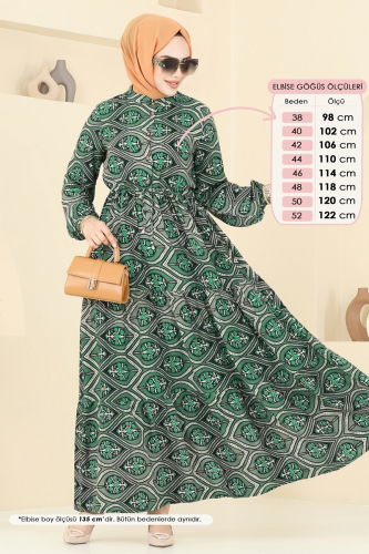 moda selvim Beli Tünelli Tesettür Elbise 1137BG354 Zümrüt - Thumbnail
