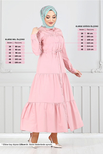 moda selvim Beli Tünelli Tesettür Elbise 225ASN936-M Açık Gül Kurusu - Thumbnail