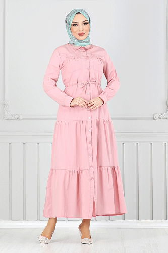 moda selvim Beli Tünelli Tesettür Elbise 225ASN936-M Açık Gül Kurusu - Thumbnail