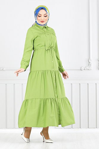 moda selvim Beli Tünelli Tesettür Elbise 225ASN936-M Asit - Thumbnail