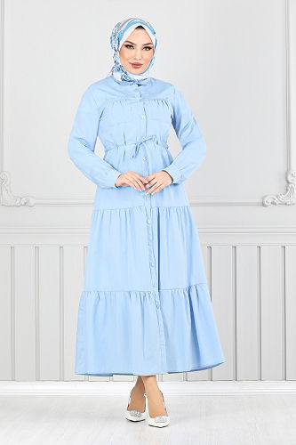 moda selvim Beli Tünelli Tesettür Elbise 225ASN936-M Bebe Mavisi - Thumbnail