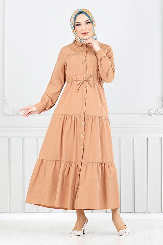 moda selvim Beli Tünelli Tesettür Elbise 225ASN936-M Latte - Thumbnail