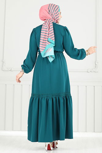 moda selvim Beli Tünelli Tesettür Elbise 23011UKB139 Açık Petrol - Thumbnail