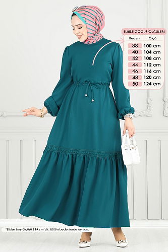 moda selvim Beli Tünelli Tesettür Elbise 23011UKB139 Açık Petrol - Thumbnail