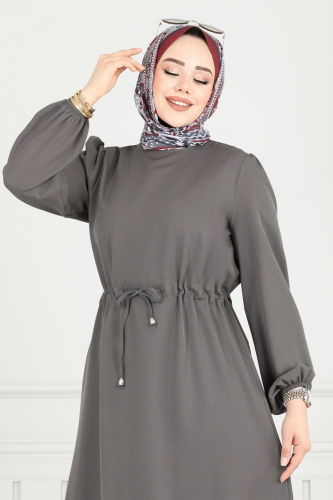 moda selvim Beli Tünelli Tesettür Elbise 23011UKB139 Antrasit - Thumbnail