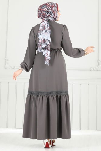 moda selvim Beli Tünelli Tesettür Elbise 23011UKB139 Antrasit - Thumbnail