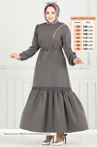 moda selvim Beli Tünelli Tesettür Elbise 23011UKB139 Antrasit - Thumbnail