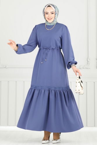 moda selvim Beli Tünelli Tesettür Elbise 23011UKB139 İndigo - Thumbnail
