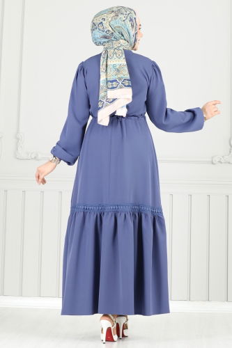 moda selvim Beli Tünelli Tesettür Elbise 23011UKB139 İndigo - Thumbnail