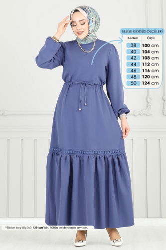 moda selvim Beli Tünelli Tesettür Elbise 23011UKB139 İndigo - Thumbnail