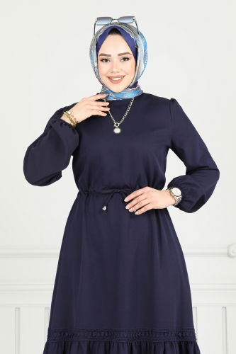 moda selvim Beli Tünelli Tesettür Elbise 23011UKB139 Laci - Thumbnail