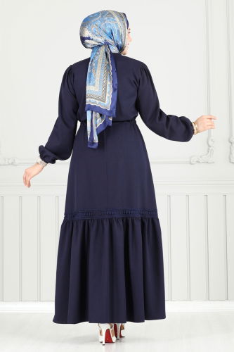 moda selvim Beli Tünelli Tesettür Elbise 23011UKB139 Laci - Thumbnail