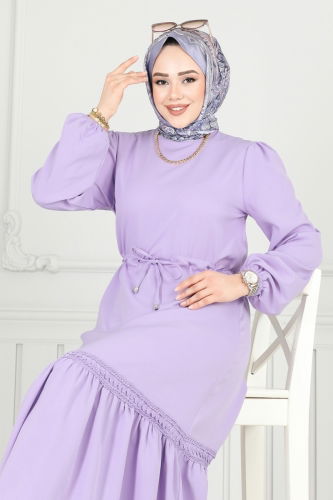 moda selvim Beli Tünelli Tesettür Elbise 23011UKB139 Lila - Thumbnail