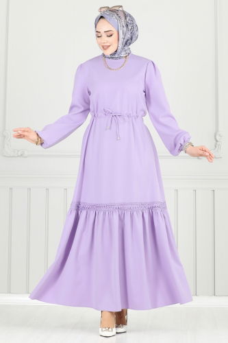 moda selvim Beli Tünelli Tesettür Elbise 23011UKB139 Lila - Thumbnail