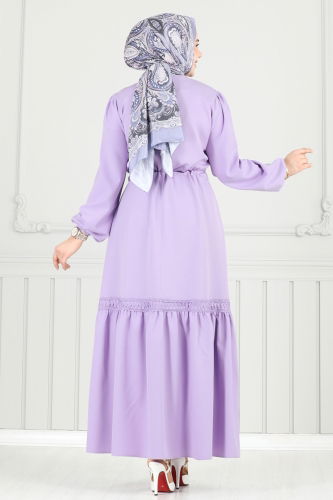 moda selvim Beli Tünelli Tesettür Elbise 23011UKB139 Lila - Thumbnail