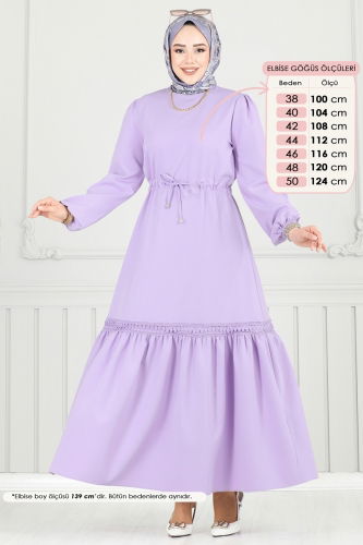 moda selvim Beli Tünelli Tesettür Elbise 23011UKB139 Lila - Thumbnail