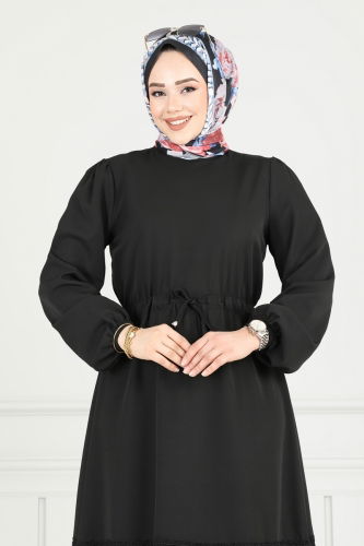 moda selvim Beli Tünelli Tesettür Elbise 23011UKB139 Siyah - Thumbnail