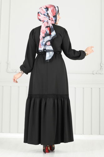 moda selvim Beli Tünelli Tesettür Elbise 23011UKB139 Siyah - Thumbnail
