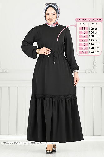 moda selvim Beli Tünelli Tesettür Elbise 23011UKB139 Siyah - Thumbnail