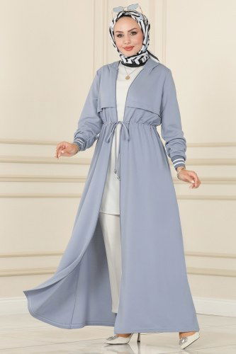 moda selvim Beli Tünelli Tesettür Ferace 106YNS793 Buz Mavisi - Thumbnail