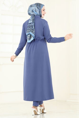 moda selvim Beli Tünelli Tesettür Takım 23009UKB139 İndigo - Thumbnail