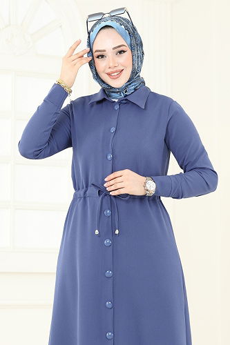 moda selvim Beli Tünelli Tesettür Takım 23009UKB139 İndigo - Thumbnail