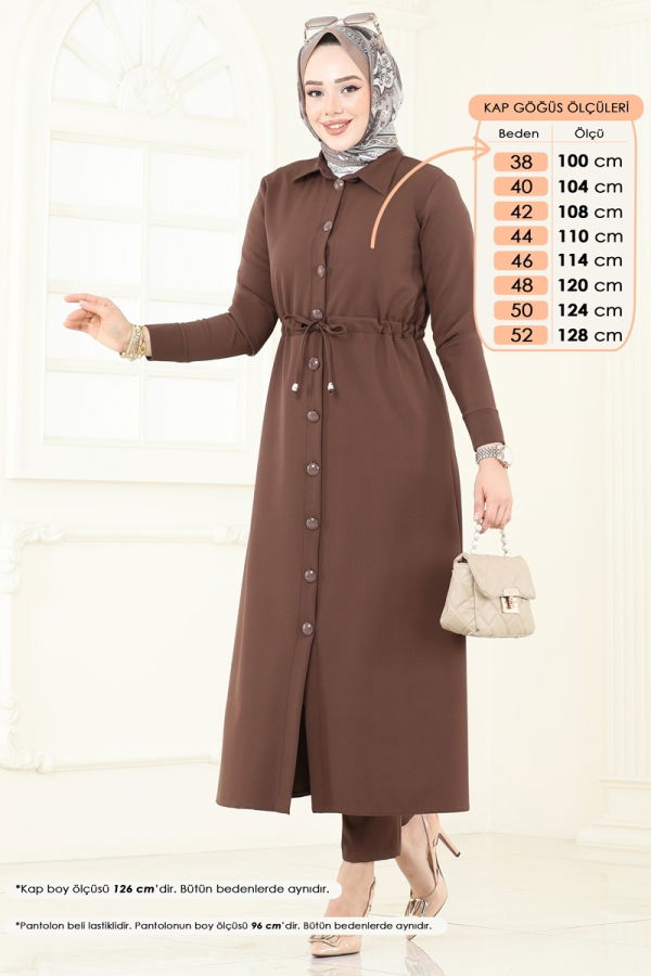 Modaselvim Kombin Beli Tünelli Tesettür Takım 23009UKB139 Kahve