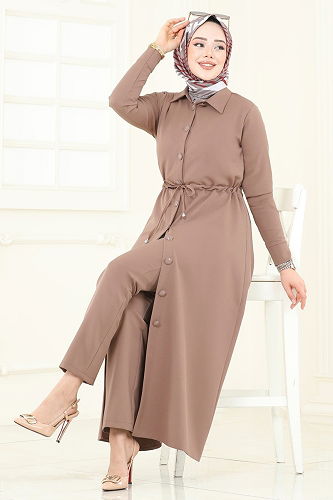 moda selvim Beli Tünelli Tesettür Takım 23009UKB139 Koyu Vizyon - Thumbnail