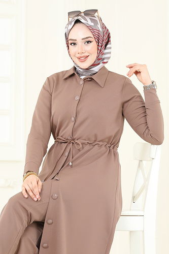 moda selvim Beli Tünelli Tesettür Takım 23009UKB139 Koyu Vizyon - Thumbnail