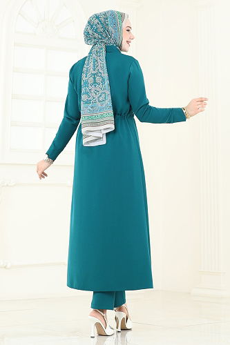 moda selvim Beli Tünelli Tesettür Takım 23009UKB139 Petrol - Thumbnail