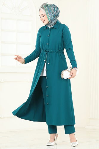 moda selvim Beli Tünelli Tesettür Takım 23009UKB139 Petrol - Thumbnail