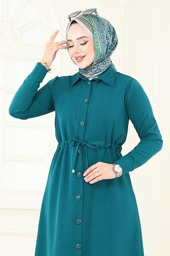 moda selvim Beli Tünelli Tesettür Takım 23009UKB139 Petrol - Thumbnail