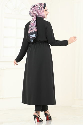 moda selvim Beli Tünelli Tesettür Takım 23009UKB139 Siyah - Thumbnail