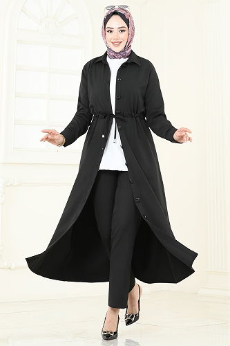 moda selvim Beli Tünelli Tesettür Takım 23009UKB139 Siyah - Thumbnail