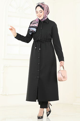 moda selvim Beli Tünelli Tesettür Takım 23009UKB139 Siyah - Thumbnail