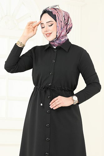 moda selvim Beli Tünelli Tesettür Takım 23009UKB139 Siyah - Thumbnail