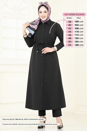 moda selvim Beli Tünelli Tesettür Takım 23009UKB139 Siyah - Thumbnail
