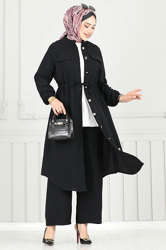 moda selvim Beli Tünelli Tesettür Takım 3053KTR750 Siyah - Thumbnail