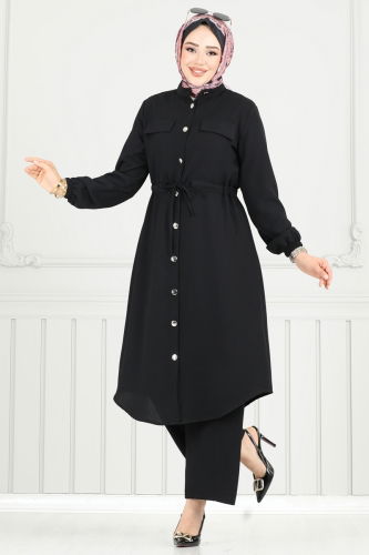moda selvim Beli Tünelli Tesettür Takım 3053KTR750 Siyah - Thumbnail