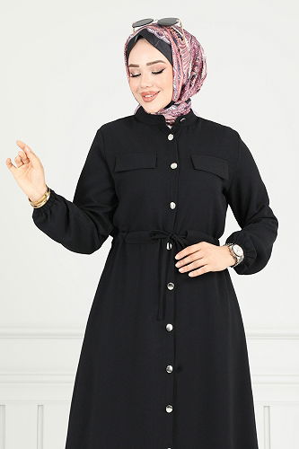 moda selvim Beli Tünelli Tesettür Takım 3053KTR750 Siyah - Thumbnail