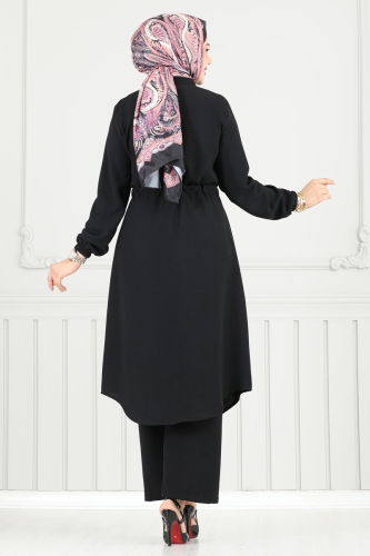 moda selvim Beli Tünelli Tesettür Takım 3053KTR750 Siyah - Thumbnail