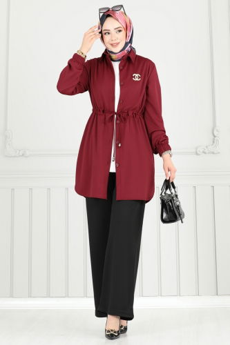 D.V.L. - Beli Tünelli Tesettür Takım 410DVL817 Bordo&Siyah