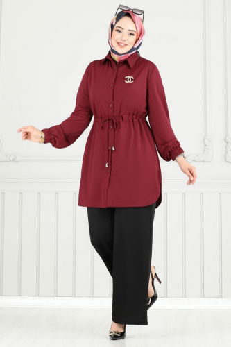moda selvim Beli Tünelli Tesettür Takım 410DVL817 Bordo&Siyah - Thumbnail
