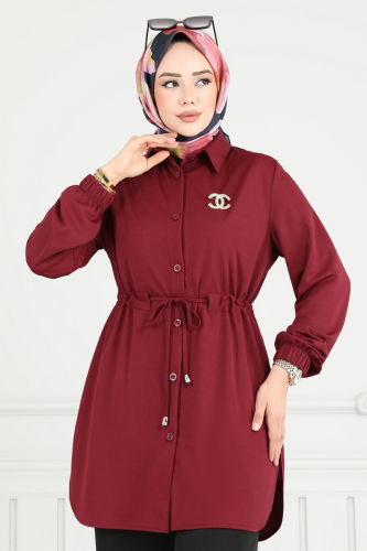 moda selvim Beli Tünelli Tesettür Takım 410DVL817 Bordo&Siyah - Thumbnail