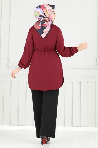 moda selvim Beli Tünelli Tesettür Takım 410DVL817 Bordo&Siyah - Thumbnail